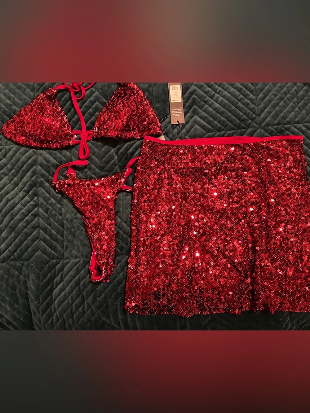 Fashion Nova Red Sequin 3PC Bikini  And Skirt Set❤️🔥